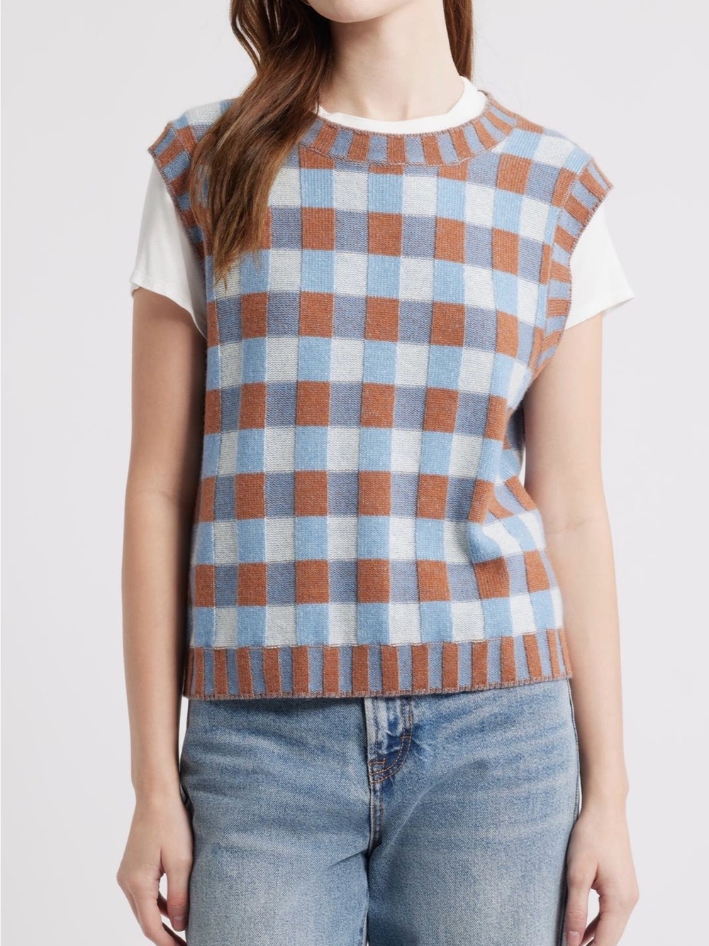 Treasure + Bond Checker Knit Sleeveless Sweater Vest - Light Blue & Brown